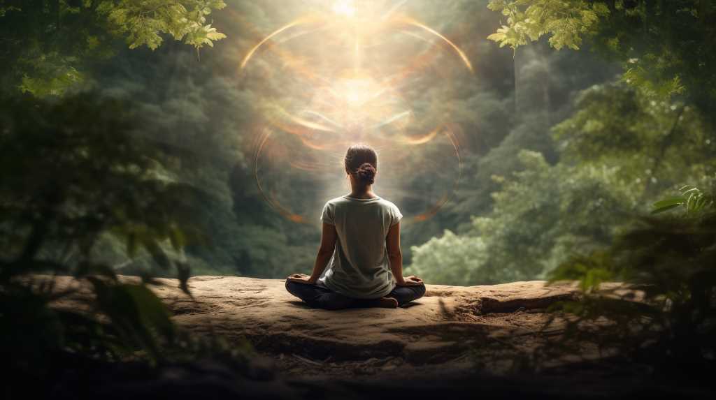 A woman is sitting in a lotus position in the forest.