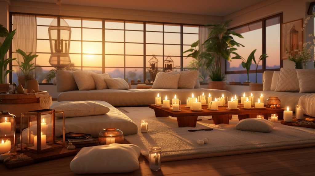 A living room with candles and a fireplace.