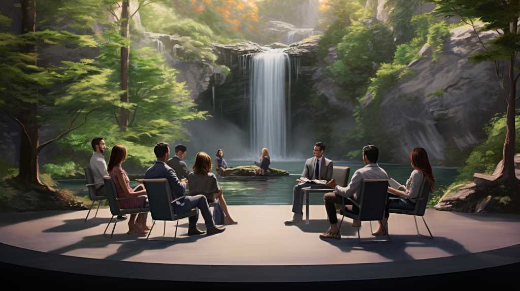 A group of people sitting around a table in front of a waterfall.