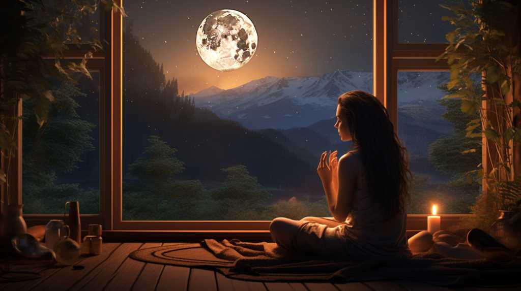 A woman is sitting in front of a window looking at the moon.