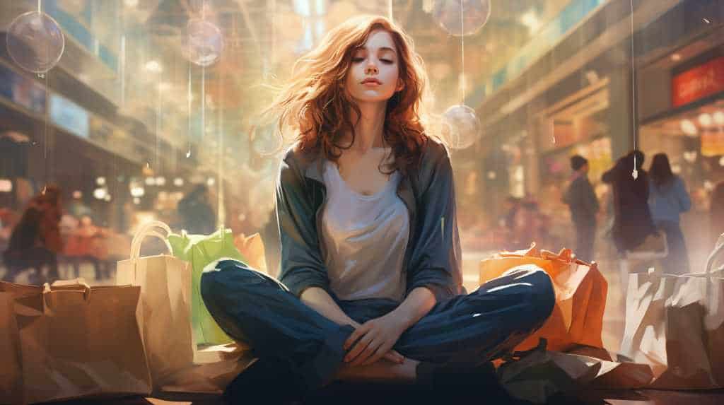 A girl sitting on the ground in a shopping mall.