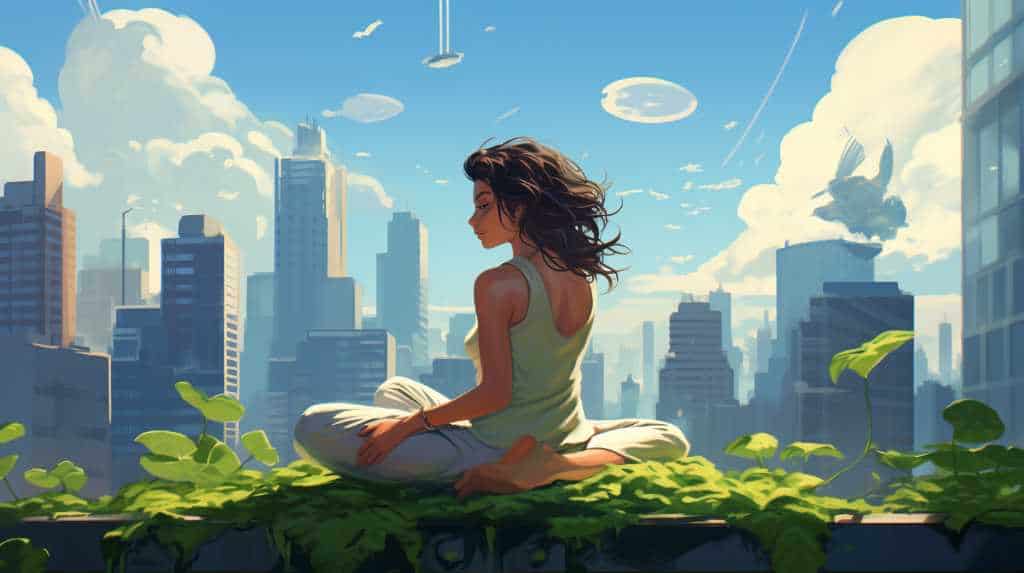A girl sits on a ledge overlooking a city.