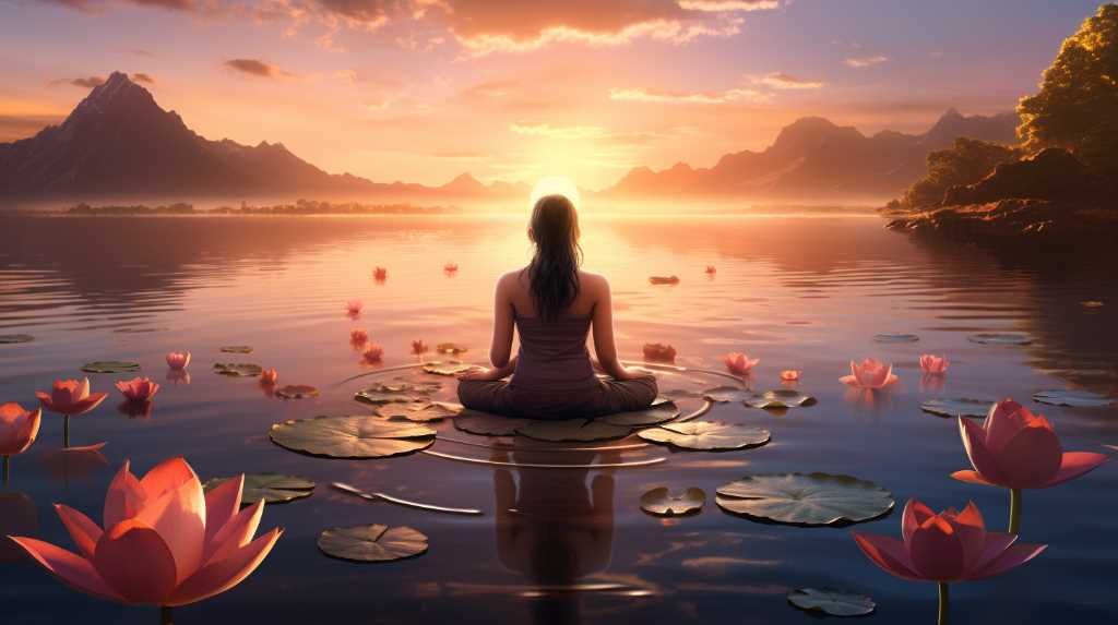 A woman meditating in a lake with lotus lilies.