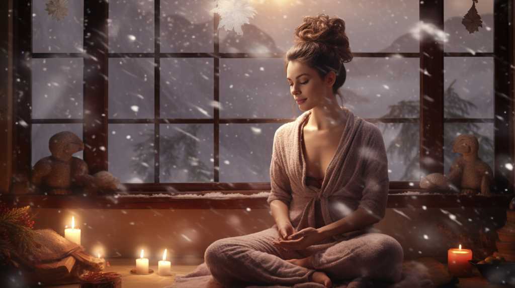 A woman meditating in front of a window with candles.