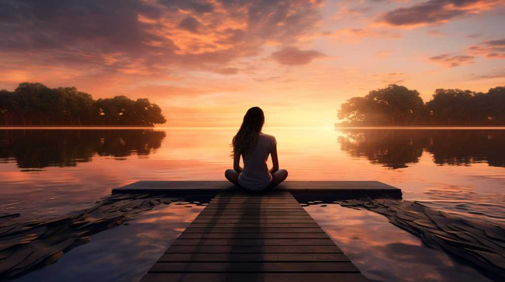 A woman is sitting on a dock in front of a lake at sunset.