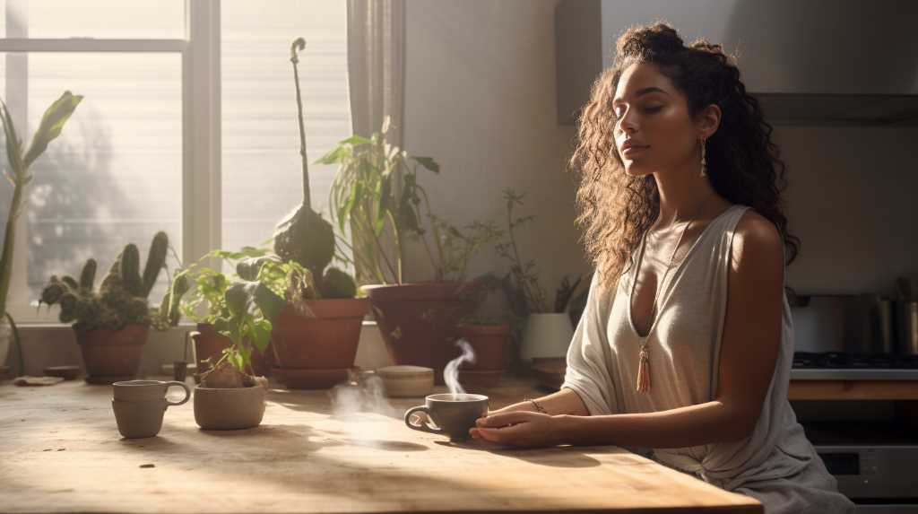 A woman sits at a kitchen table with a cup of coffee.
