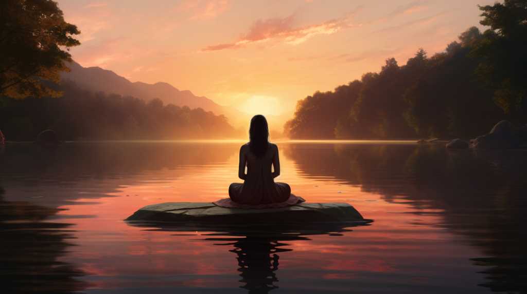 A woman sitting on a rock in a lake at sunset.