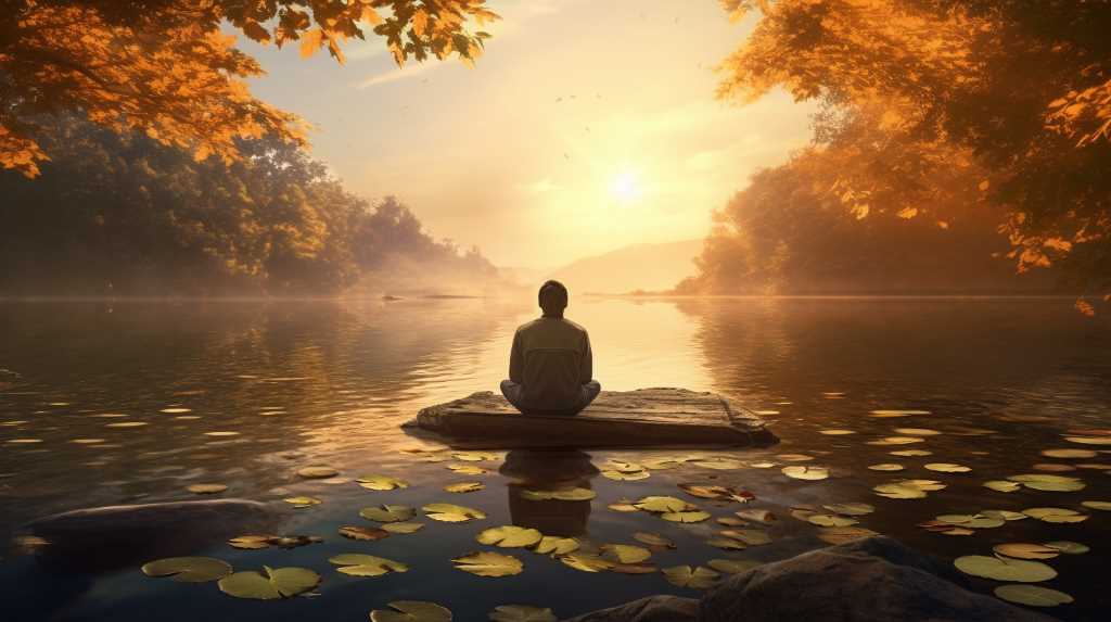 A man is sitting on a rock in the middle of a lake.