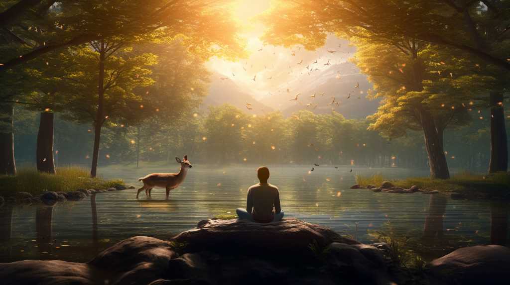 A man is sitting in a forest with a deer in the background.