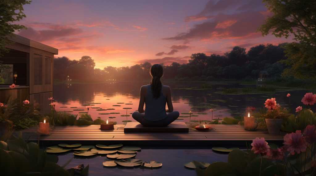 A woman meditating on a dock in front of a lake.