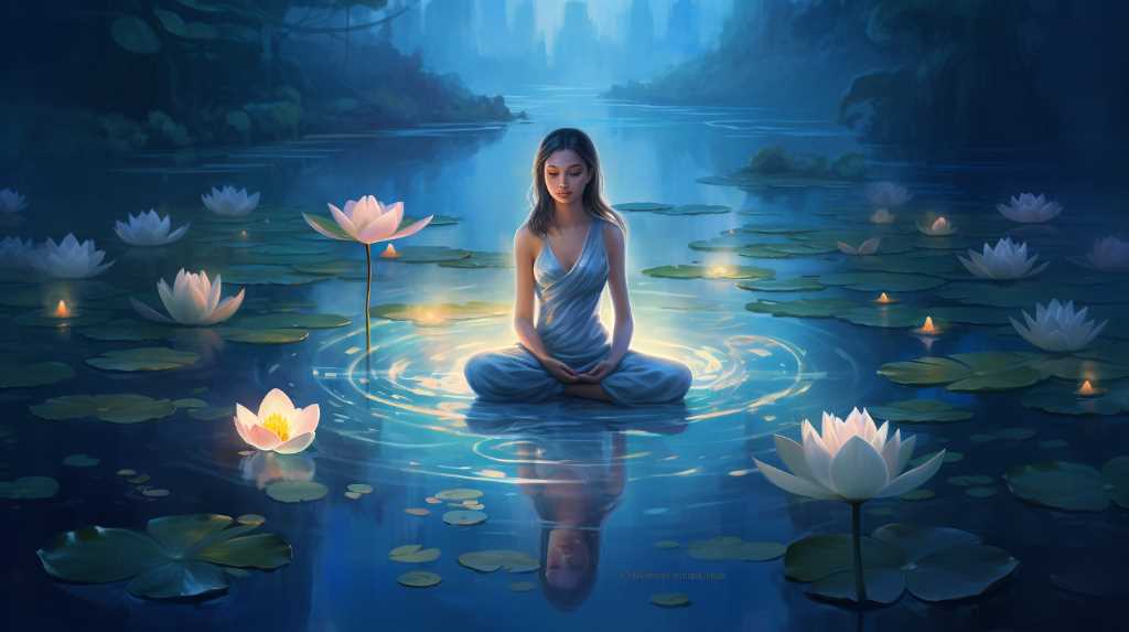A woman meditating in the water with lotus lilies.