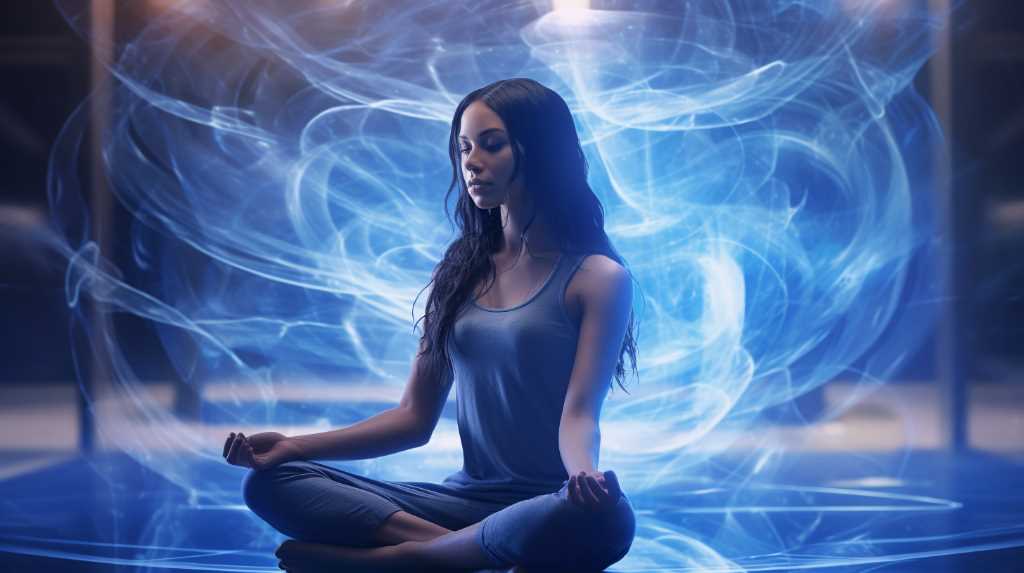 A woman meditating in front of a blue light.