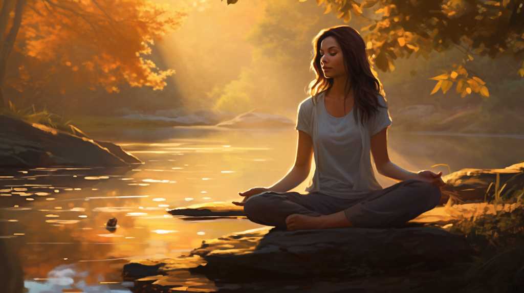 A woman is meditating in a lotus position near a river.