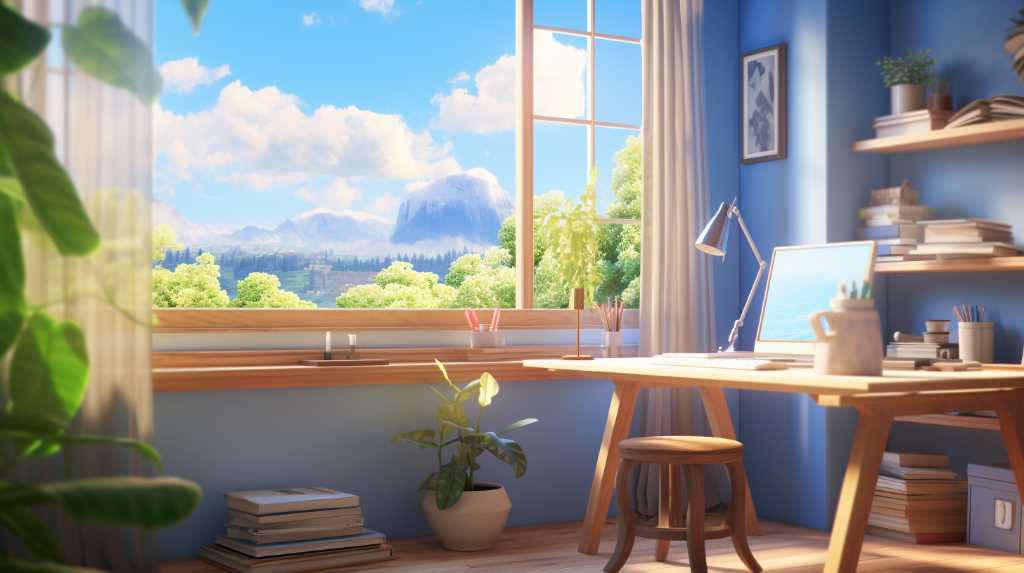 A blue room with a window and a desk.