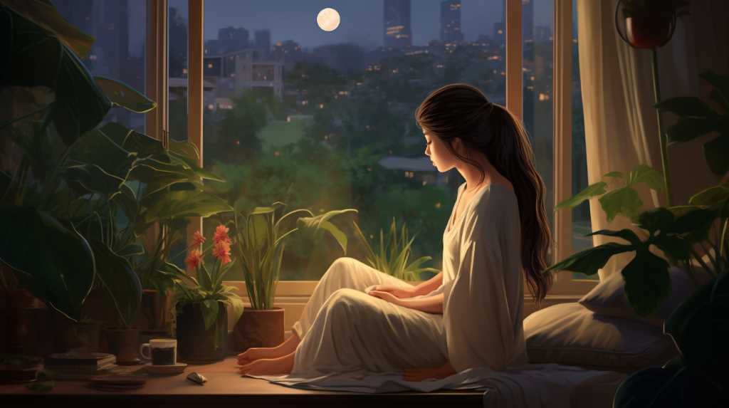 A girl sitting on a window sill looking at the moon.