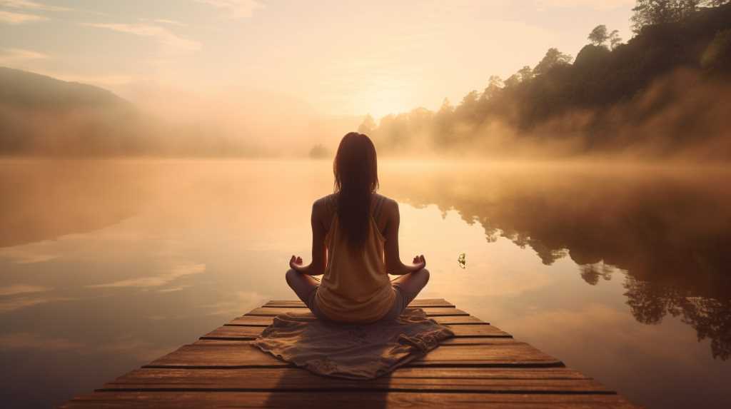 A woman meditating on a dock near a lake.