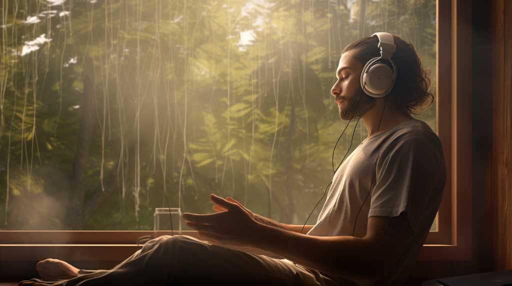 A man is sitting in front of a window listening to music.