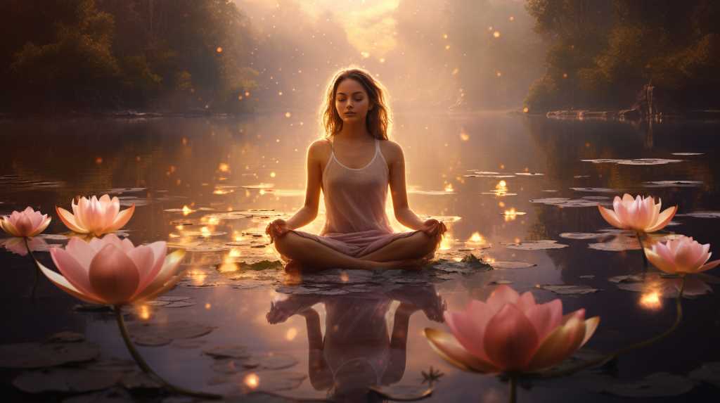 A woman meditating in a lake with pink lotus flowers.