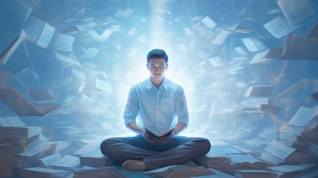 A man meditating in the middle of a pile of books.