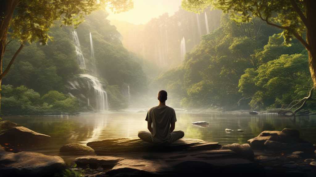 A man is meditating in a forest near a waterfall.