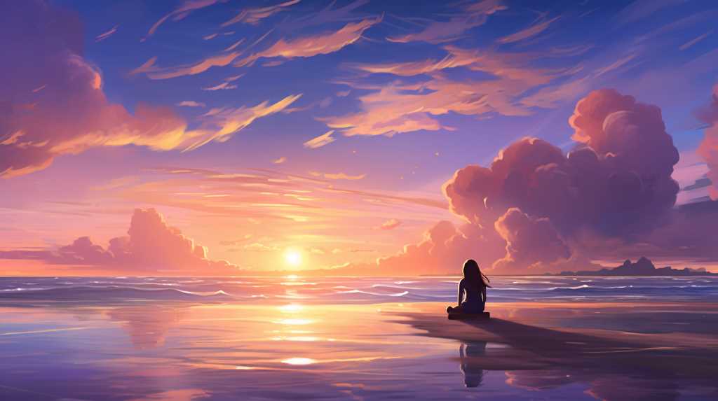 A girl sitting on the beach watching the sunset.