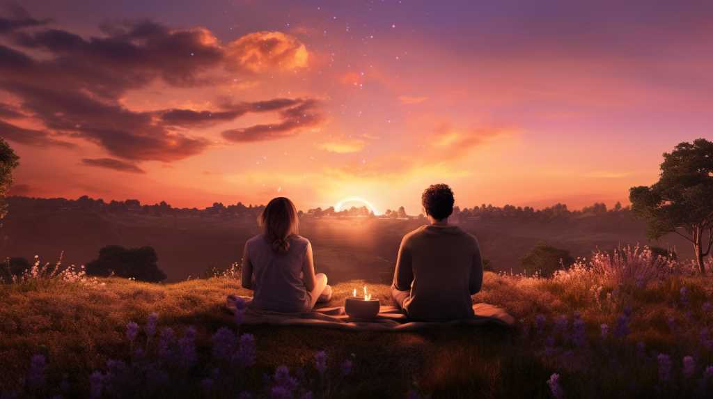 Two people sitting in a field watching the sunset.