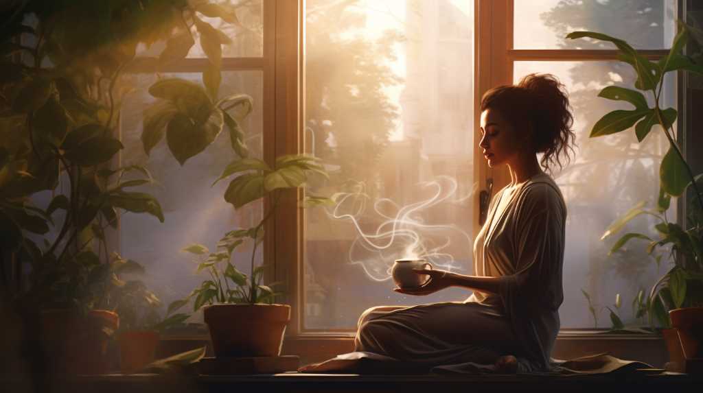 A woman sitting in front of a window with a cup of coffee.