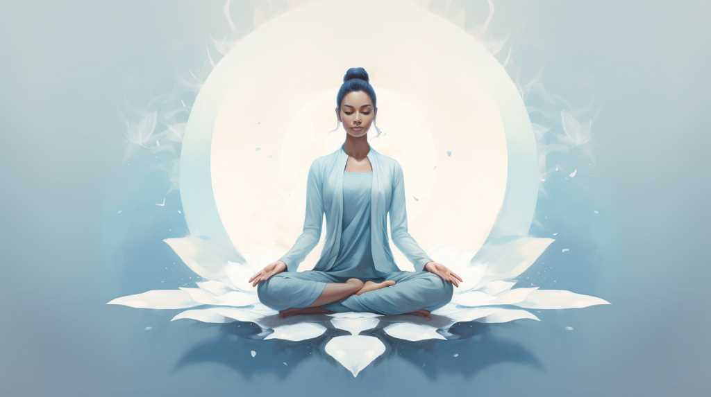 An illustration of a woman meditating on a lotus flower.