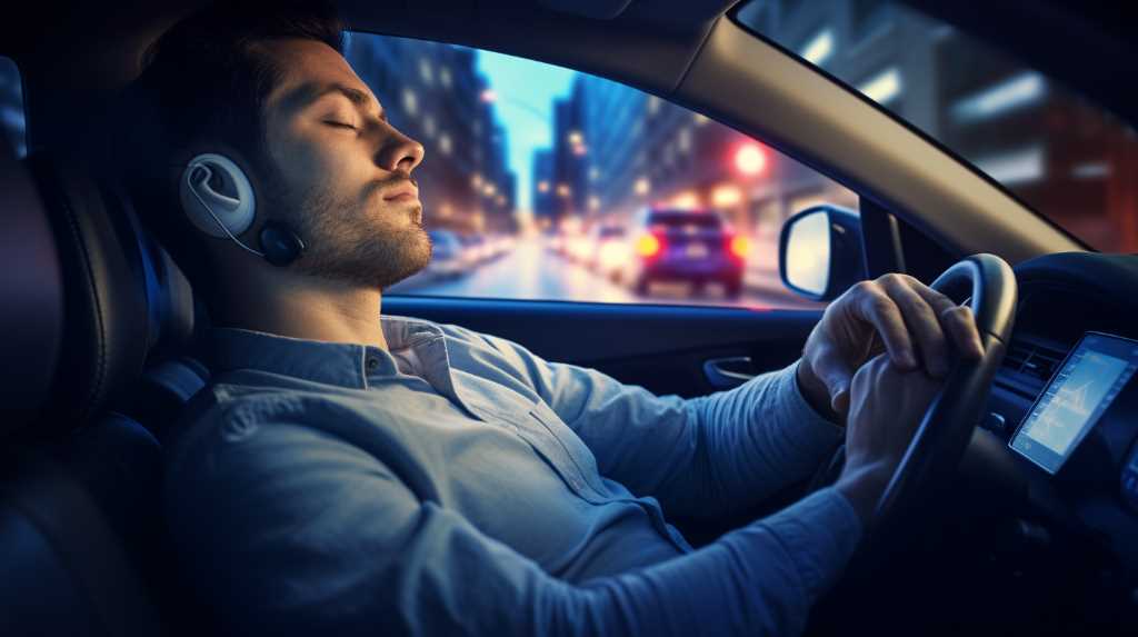 A man is sleeping in his car at night.