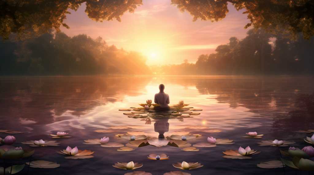 A man meditating in a lake with lotus lilies.
