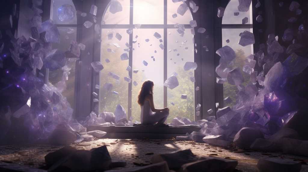 A woman sitting in front of a window with a bunch of crystals.