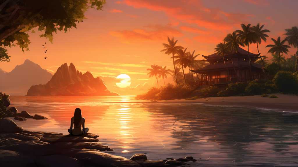 A woman sits on the shore watching the sunset.