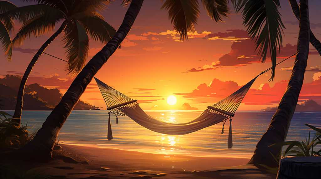 A hammock on the beach at sunset.