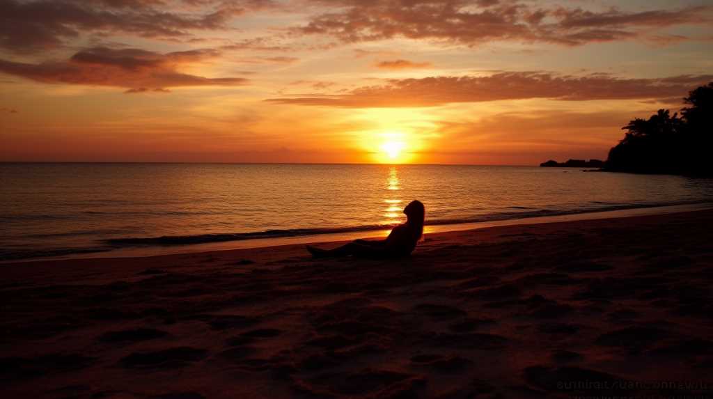 A person sitting on the beach at sunset.