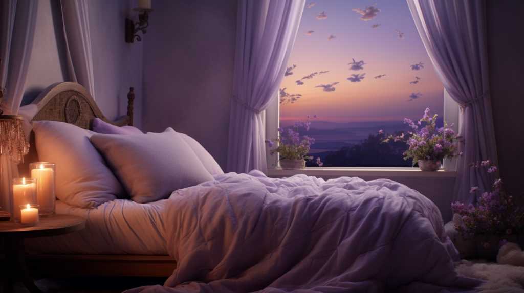 A bed with purple blankets and candles in front of a window.