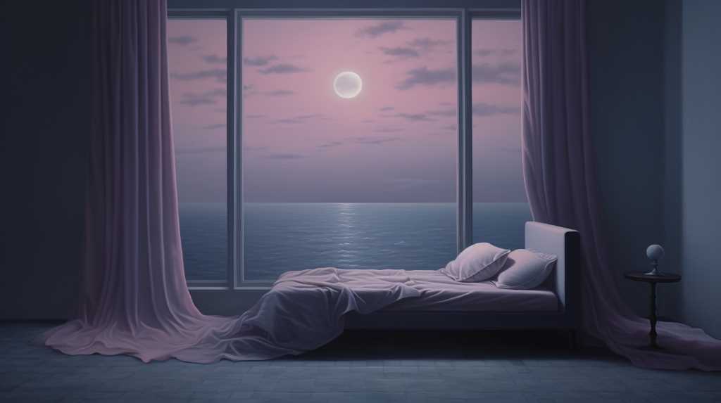 A bed with pink curtains and a large window overlooking the ocean.