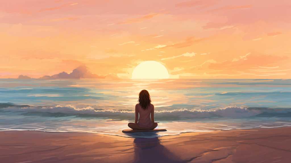 A woman sitting on the beach at sunset.