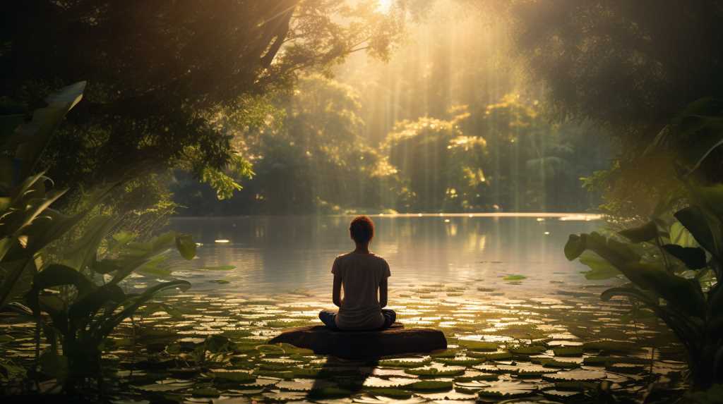A person is sitting in a lotus position in the middle of a pond.