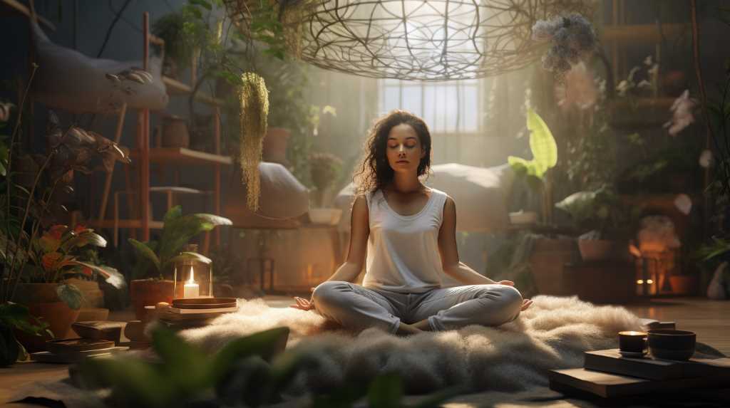 A woman is meditating in a room full of plants.