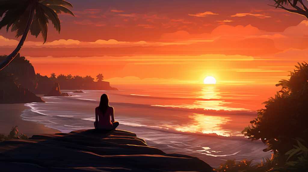 A woman sits on a rock overlooking the ocean at sunset.