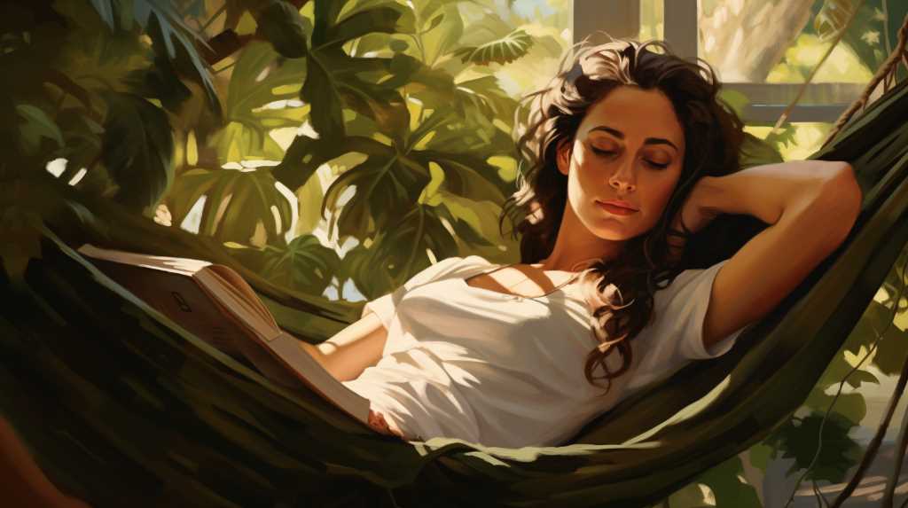 A woman is laying in a hammock reading a book.