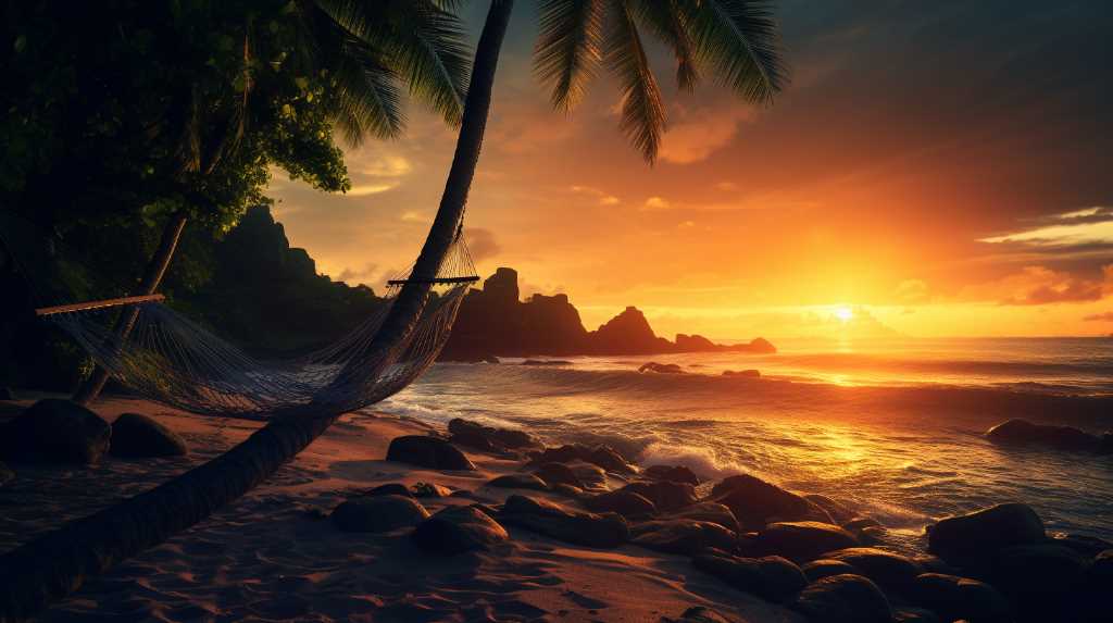 A hammock on a beach at sunset.