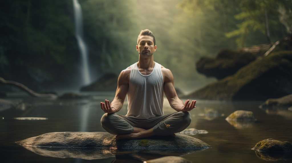 A man is meditating in the forest near a waterfall.
