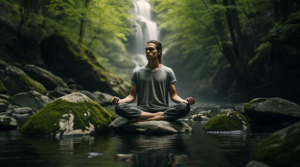 A man meditating in the forest near a waterfall.