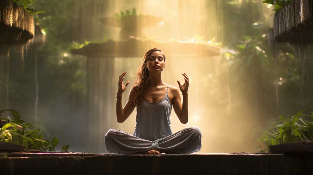 A woman meditating in front of a waterfall.
