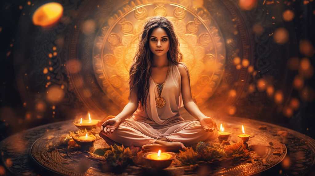 A woman sitting in a lotus position with candles in her hands.