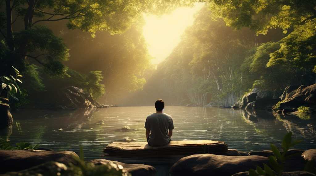A man sits on a log in a river and meditates.