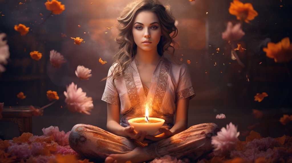 A girl sitting on the floor with a candle in her hands.