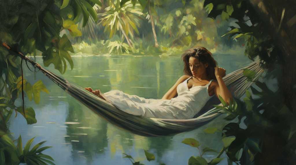 A painting of a woman relaxing in a hammock.