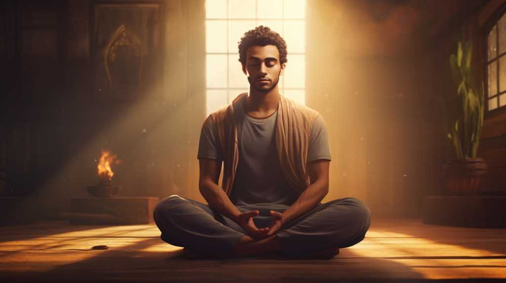 A man meditating in front of a window.